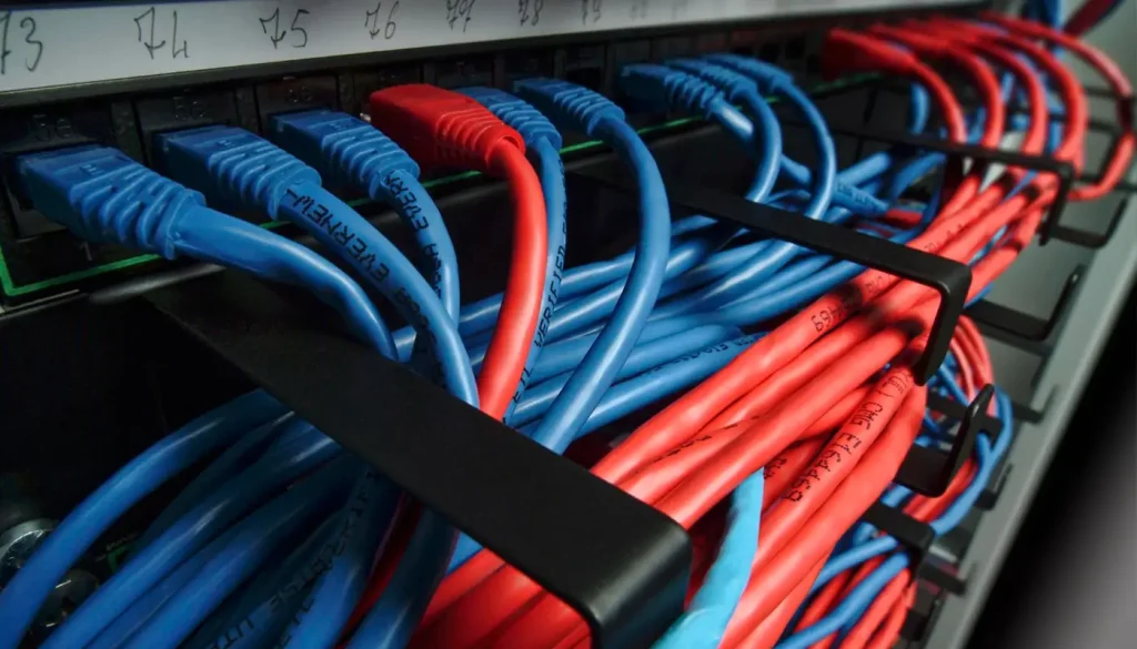 High-quality blue and red Ethernet cables connected to network switch.