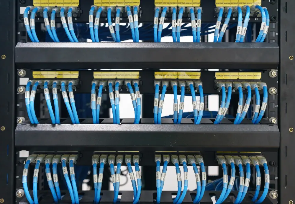 High-density network cabling in server rack for connectivity.